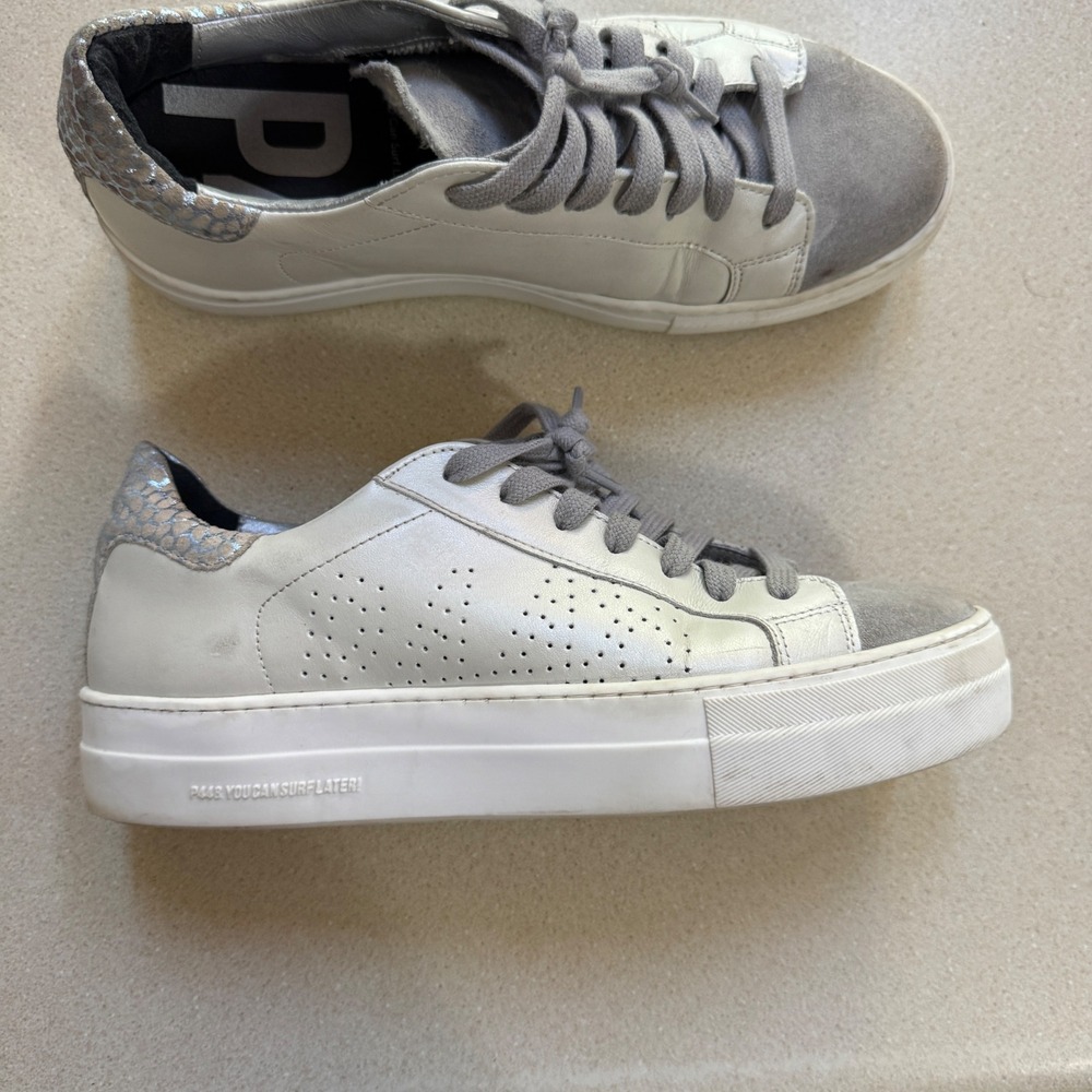 P448 John White Silver Metallic Snakeskin Leather Sneakers Size 39